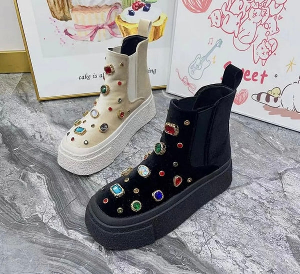 Women Fashion Suede Colorful Gem Ankle Boots