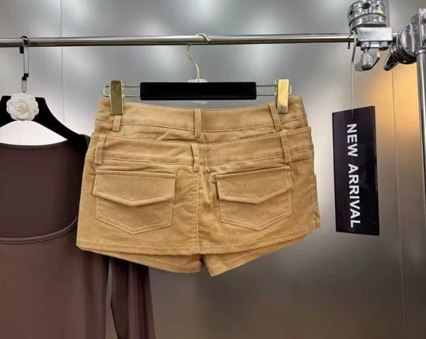 Women Sexy Fashion Khaki Corduroy Button Up Skirt