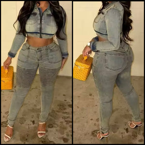 Women Blue Denim Fashion Crop Jacket Two Piece Pant Set