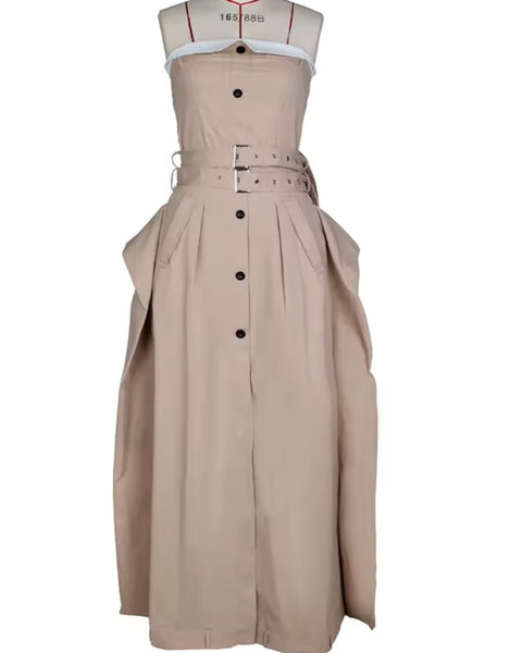 Women Sexy Strapless Button Up Color Patchwork Belted Dress