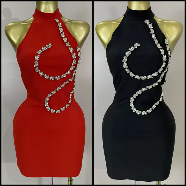 Women Sexy Sleeveless Rhinestone Print Dress