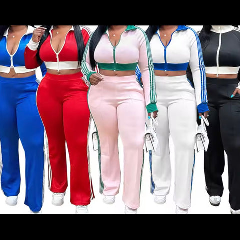 Women Color Fashion Full Sleeve Striped Tracksuit Two Piece Pant Set