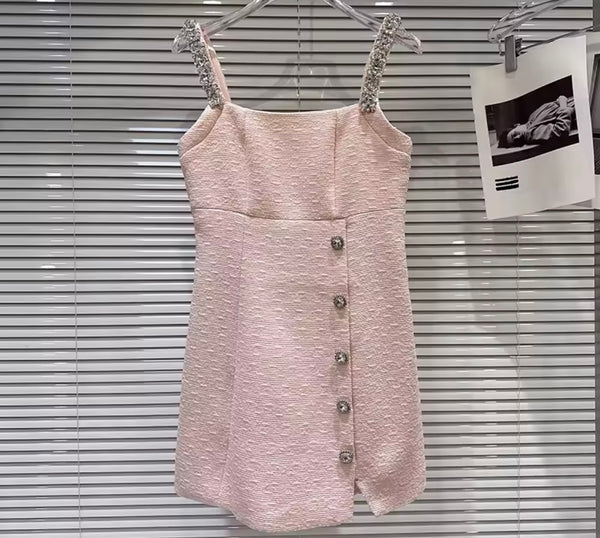 Women Sleeveless Rhinestone Tweed Dress