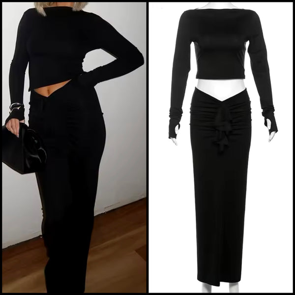 Women Sexy Black Full Sleeve Two Piece Ruched Maxi Skirt Set