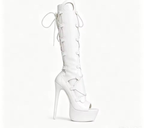 Women Fashion Open Toe Platform Lace Up Knee High Boots