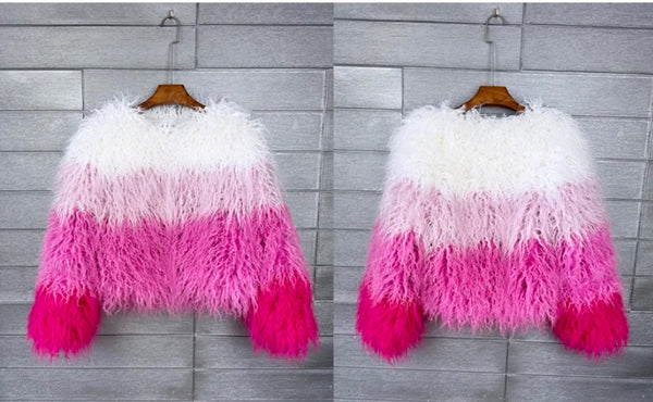 Women Fashion Pink Gradient Faux Fur Jacket