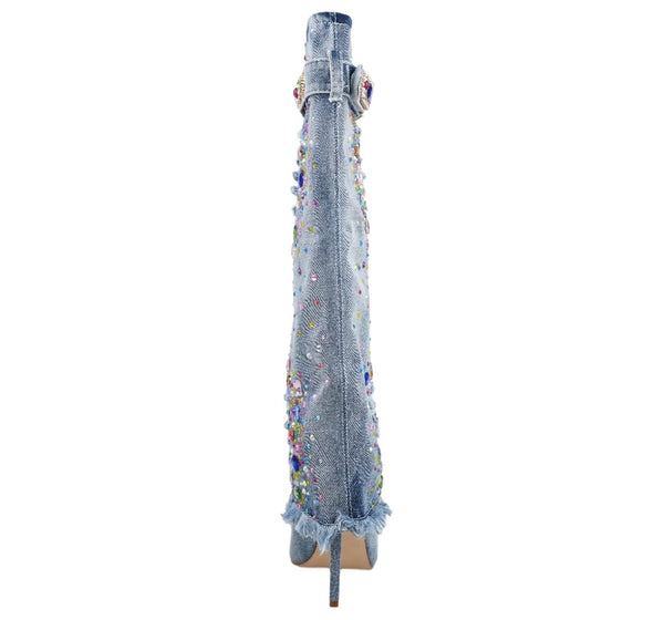 Women Pointed Toe Color Crystal Denim Knee High Boots