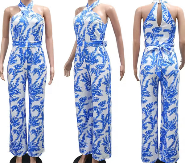 Women Halter Sleeveless Printed Fashion Jumpsuit