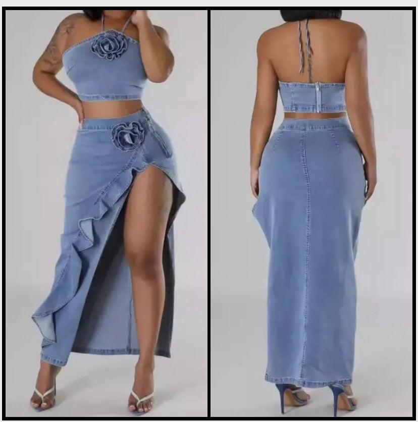 Women Sexy Halter Sleeveless Ruffled Floral Denim Two Piece Skirt Set