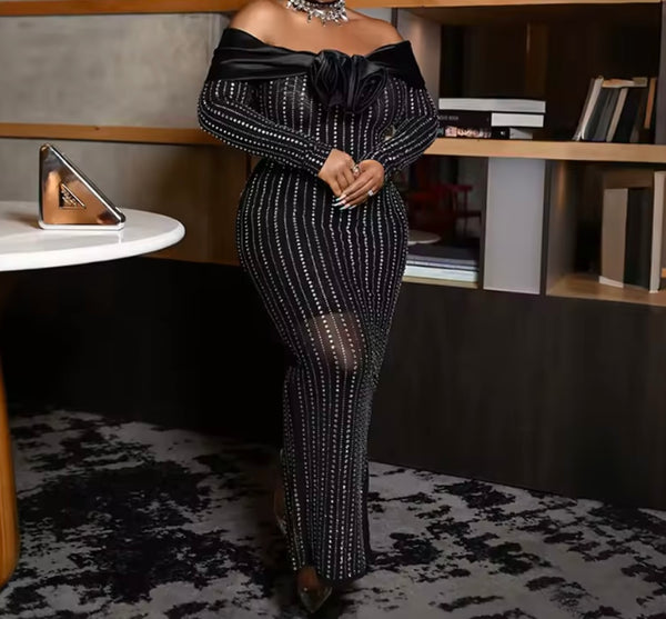 Women Sexy Off The Shoulder Full Sleeve Rhinestone Maxi Dress