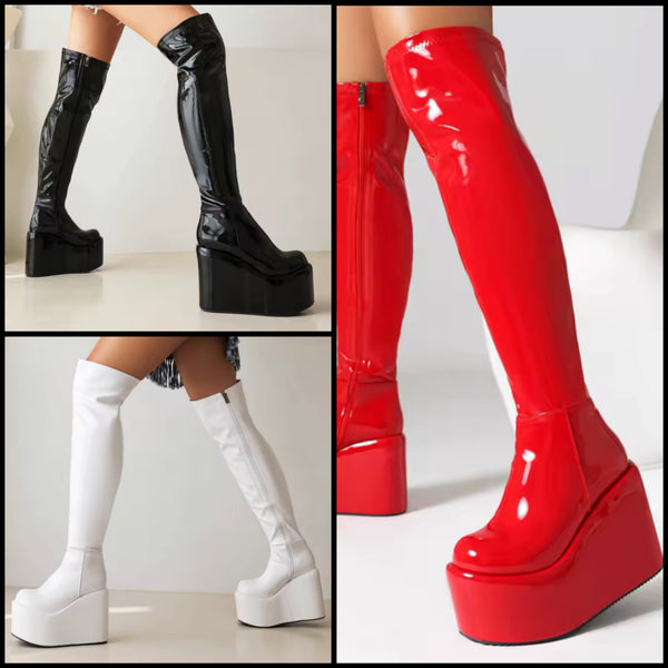 Women Fashion Patent Leather Platform Knee High Boots