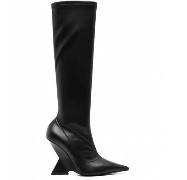 Women Black Fashion Faux Leather Knee High Wedge Boots
