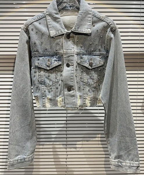 Women Rhinestone Fashion Button Up Ripped Denim Jacket