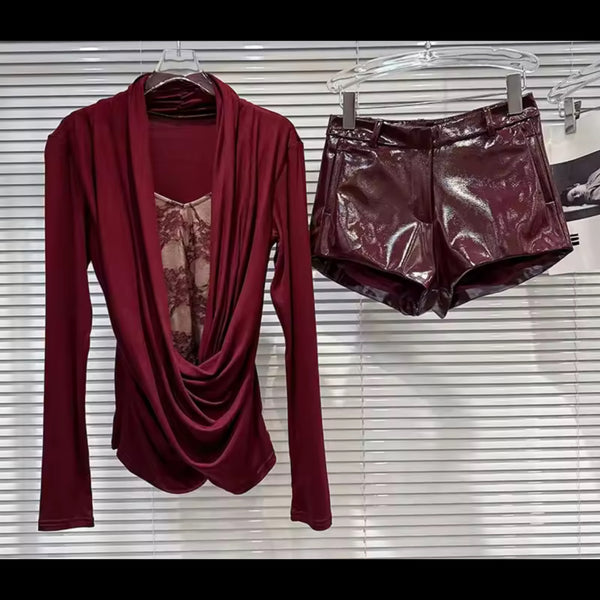 Women Burgundy Lace Patchwork Full Sleeve Two Piece PU Short Set