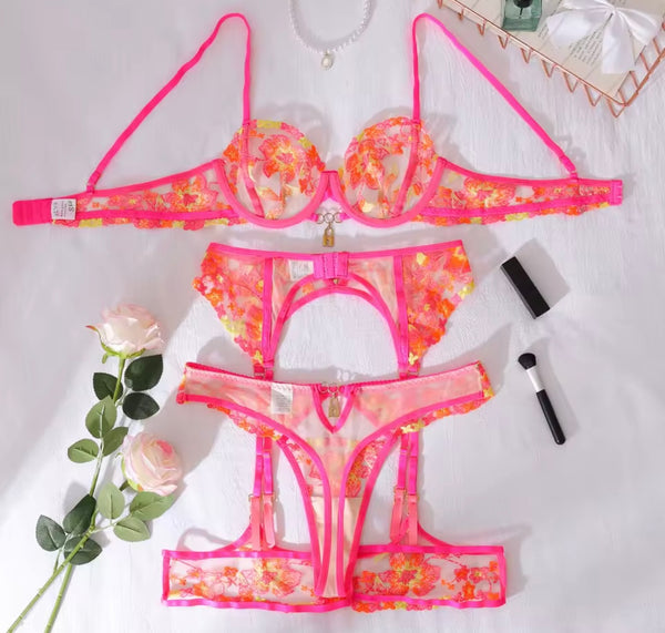 Women Pink Color Floral Print Mesh Sexy Lingerie Set