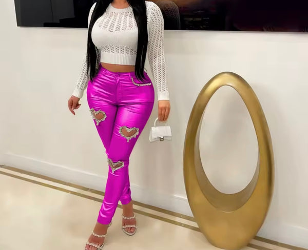 Women Fashion Rhinestone Heart Cut Out PU Pants