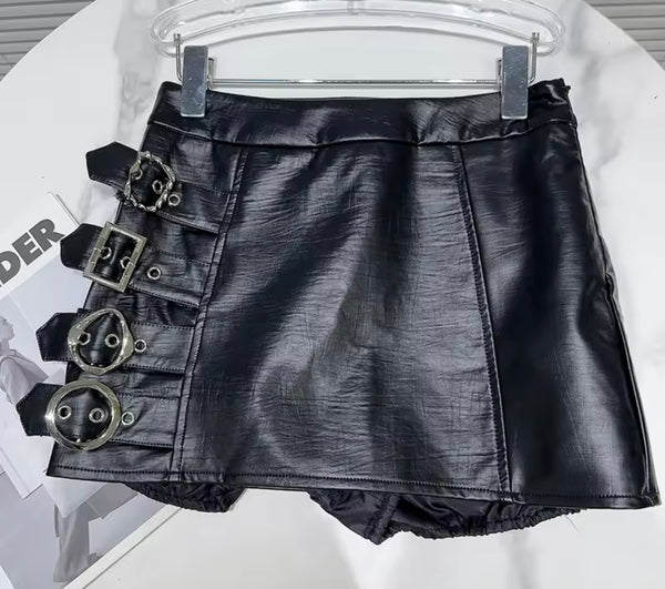 Women Fashion Faux Leather Buckled Two Piece Jacket Skirt Set