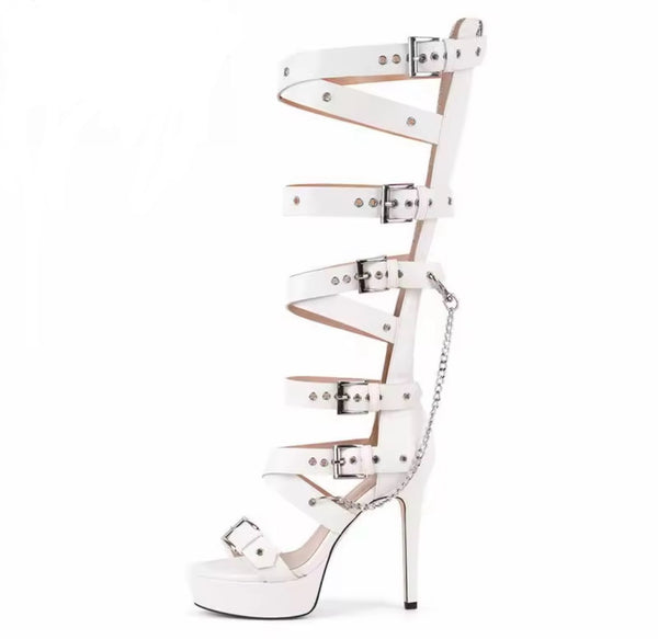 Women Fashion Buckled Chain Platform Knee High Sandals