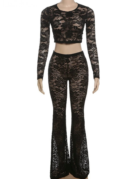 Women Sexy Lace Full Sleeve Crop Two Piece Pant Set