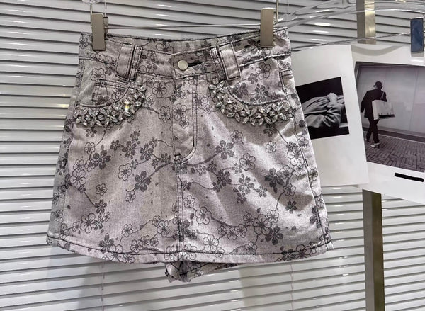 Women Rhinestone Strapless Floral Denim Two Piece Wrap Short Set