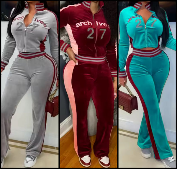 Women Letter Number Print Zip Up Velour Tracksuit Two Piece Pant Set