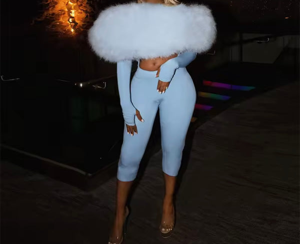 Women Fur Patchwork Off The Shoulder Cut Out Full Sleeve Romper