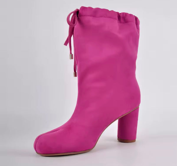 Women Fashion Split Toe Chunky Heel Drawstring Ankle Boots