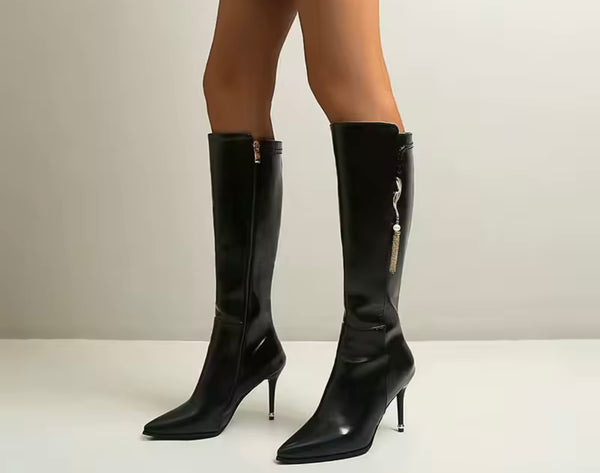 Women Pointed Toe Chain Tassel Knee High Fashion Boots