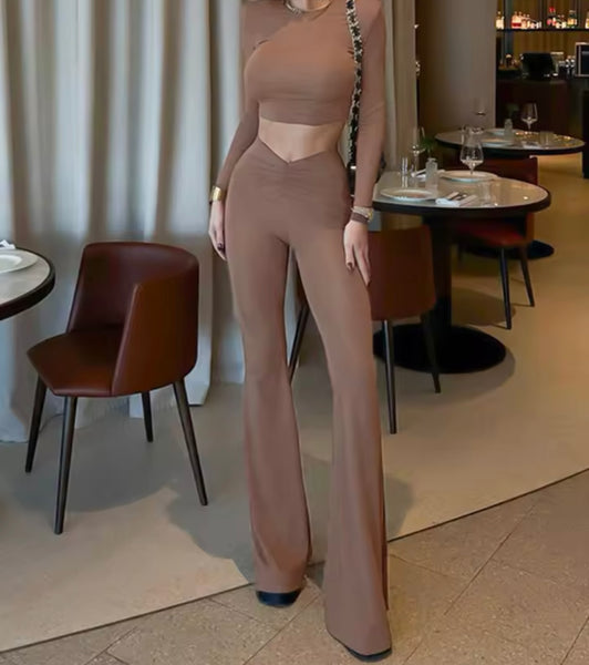 Women Solid Color Full Sleeve Crop Two Piece Sexy Pant Set