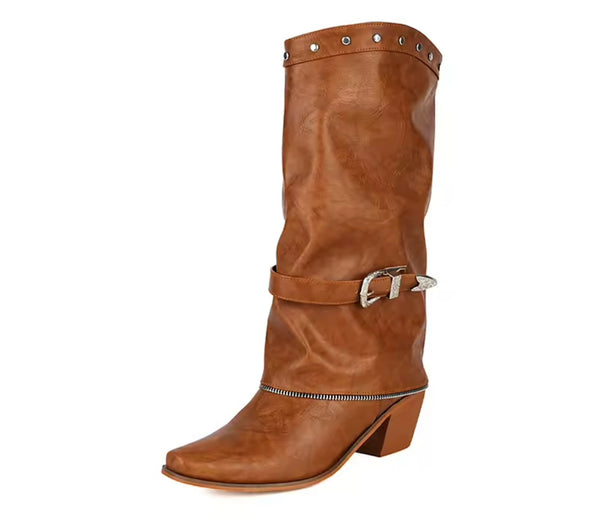Women Fashion Rivet Zipper Buckled Western Boots