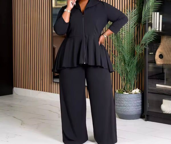Women Color Ruffled Zip Up Full Sleeve Two Piece Plus Size Pant Set
