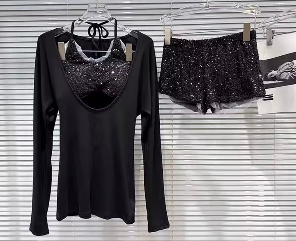 Women Fashion Full Sleeve Sequins Three Piece Short Set