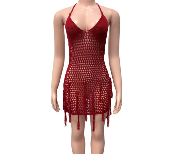 Women Sexy Sleeveless Red Knitted Fringe Dress