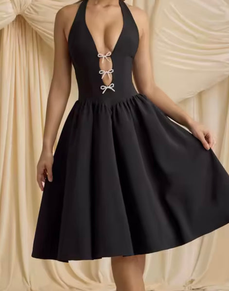Women Sexy Pearl Bow Cut Out Halter Sleeveless Dress