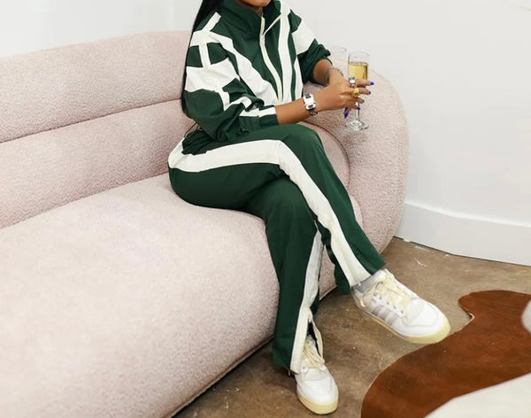 Women Fashion Striped Zip Up Tracksuit Two Piece Pant Set