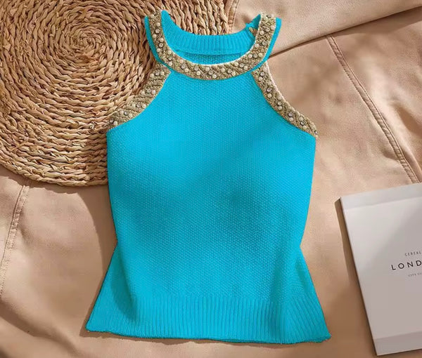 Women Beaded Bling Sleeveless Fashion Top