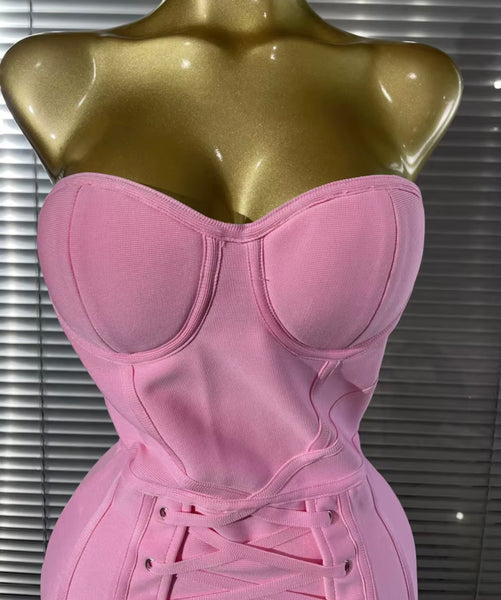 Women Pink Sexy Sleeveless Tie Up Corset Bandage Dress