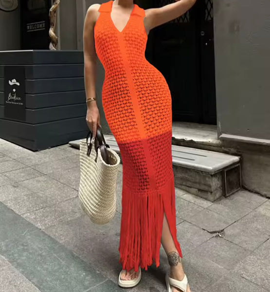 Women Sexy Halter Sleeveless Knitted Tassel Maxi Dress