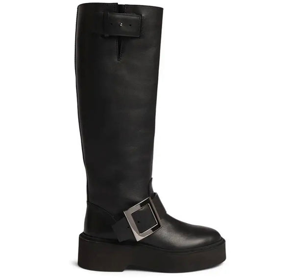 Women Black Round Toe Buckled Faux Leather Knee High Boots