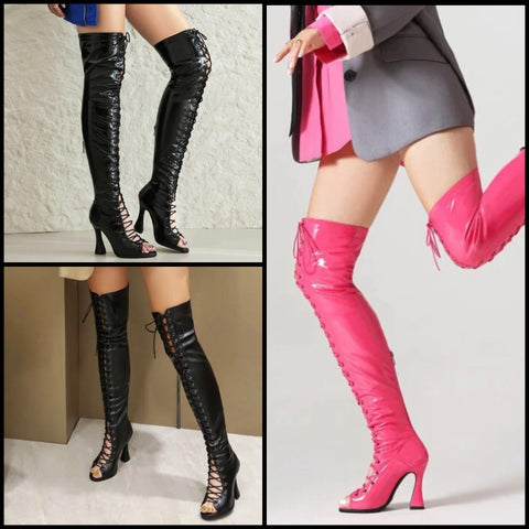 Women Fashion Open Toe Lace Up Over The Knee Boots