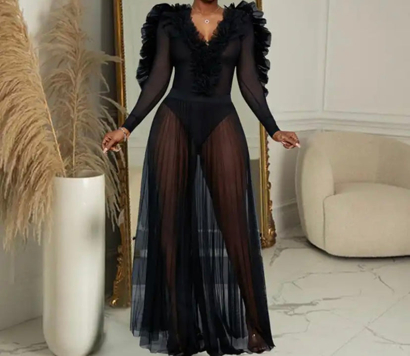 Women Sexy Full Sleeve Ruffled Mesh Maxi Dress
