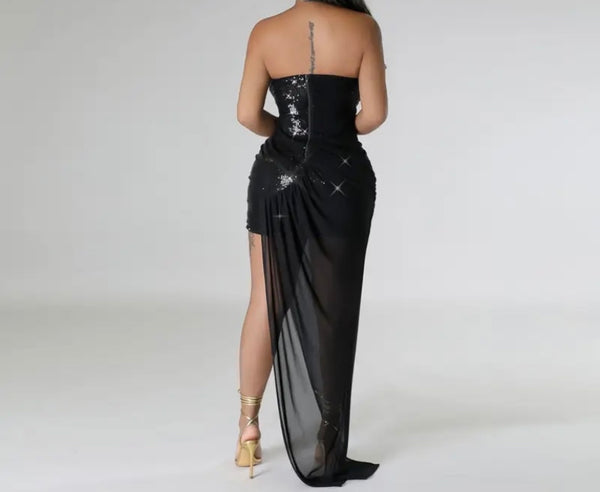 Women Sexy Strapless Sequins Mesh Asymmetrical Dress