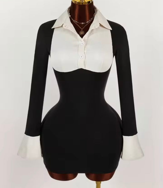 Women Sexy Color Patchwork Button Up Collar Full Sleeve Dress