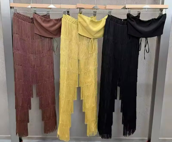 Women Color Strapless Corset Two Piece Fringe Tassel Pant Set
