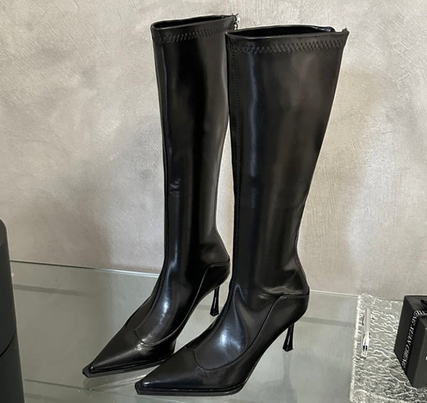 Women Fashion Pointed Toe Patent Leather Knee High Boots