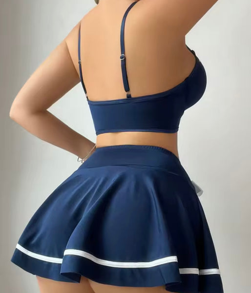 Women Sexy Sleeveless Blue Bow Striped Lingerie Skirt Set