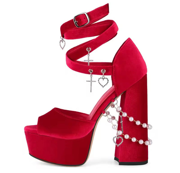 Women Pendant Beaded Velour Platform High Heel Sandals
