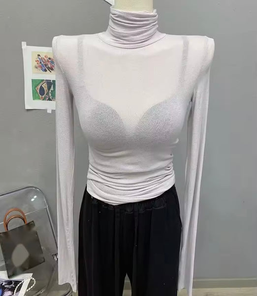 Women Fashion Turtleneck Full Sleeve Mesh Top