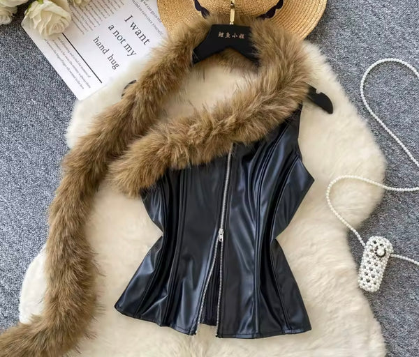 Women Fashion Fur Black PU Zip Up Sleeveless Top
