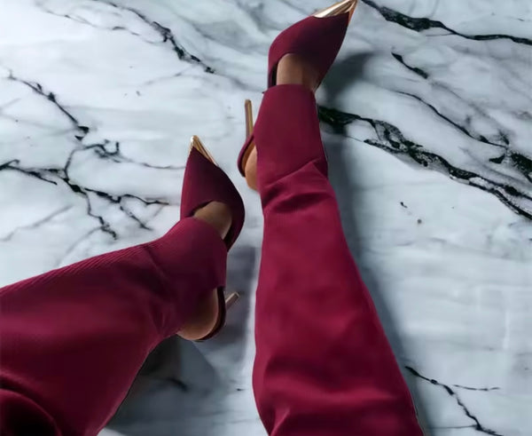 Women Burgundy Suede Over The Knee Gold High Heel Boots